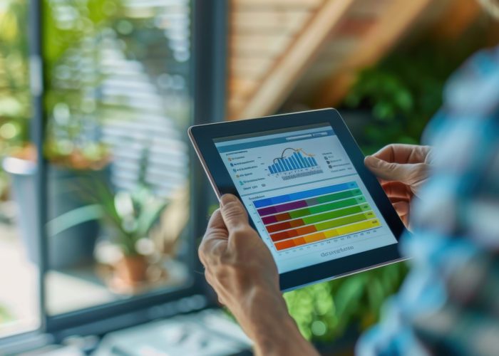 A person uses a tablet to analyze data in a well-lit modern workspace filled with greenery. The screen displays colorful graphs illustrating statistics and performance metrics.